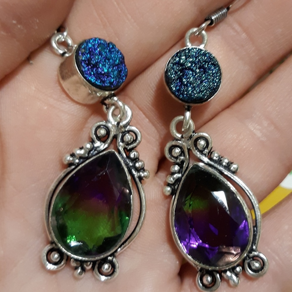 New Unique Bicolor Tormaline & Titanium Druzy 925 Silver Statement Earrings.